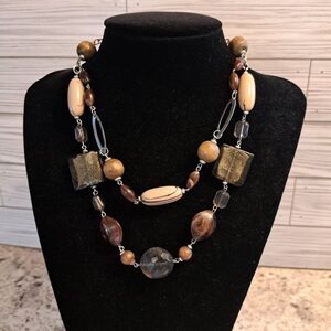 Chunky Wood and Glass Bead Double Layer Necklace